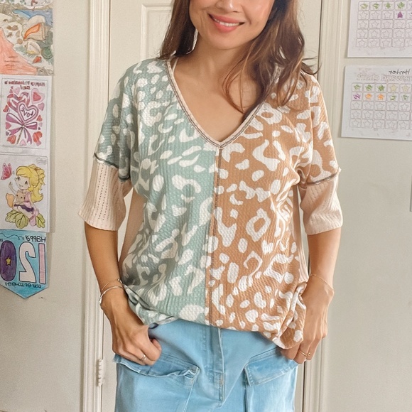 BellanBlue Tops - 023 Cozy V neck leopard print reverse stitch top